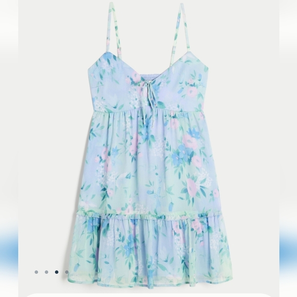 HOLLISTER Blue Floral Babydoll Mini Dress New Small Tall Msrp $50 - Picture 1 of 9